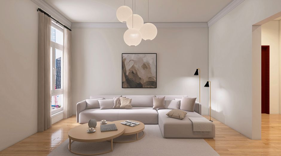 Slaapkamer met Japandi-invloeden en houten elementen. Slaapkamer met Japandi-invloeden en houten elementen.